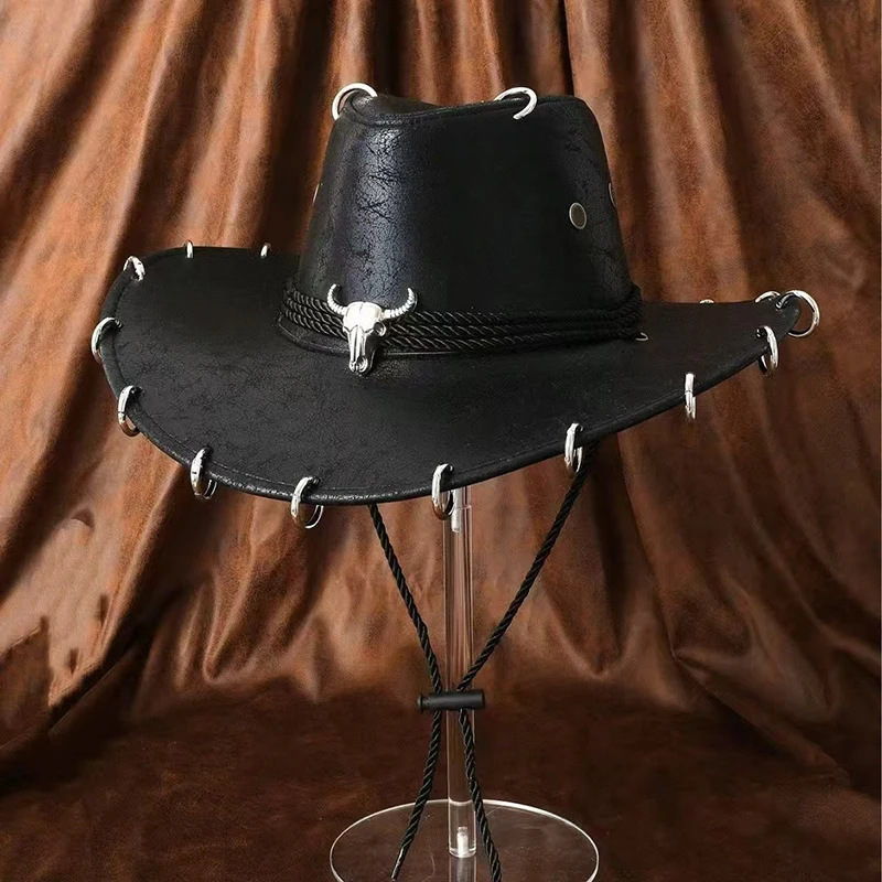 

Vintage Faux Leather Western Cowboy Hat Adjustable PU Leather Travel Men Women Fashion Cowgirl Bullhead Badge Outdoor Jazz Hats