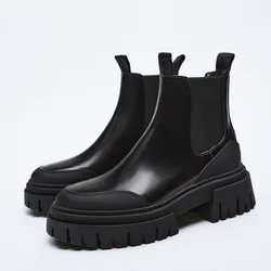 Black Platform Boots British Style Flat Bottom Short Boots Non-slip Warm Chelsea Boots Round Head Brand Fashion Bare Boots Women