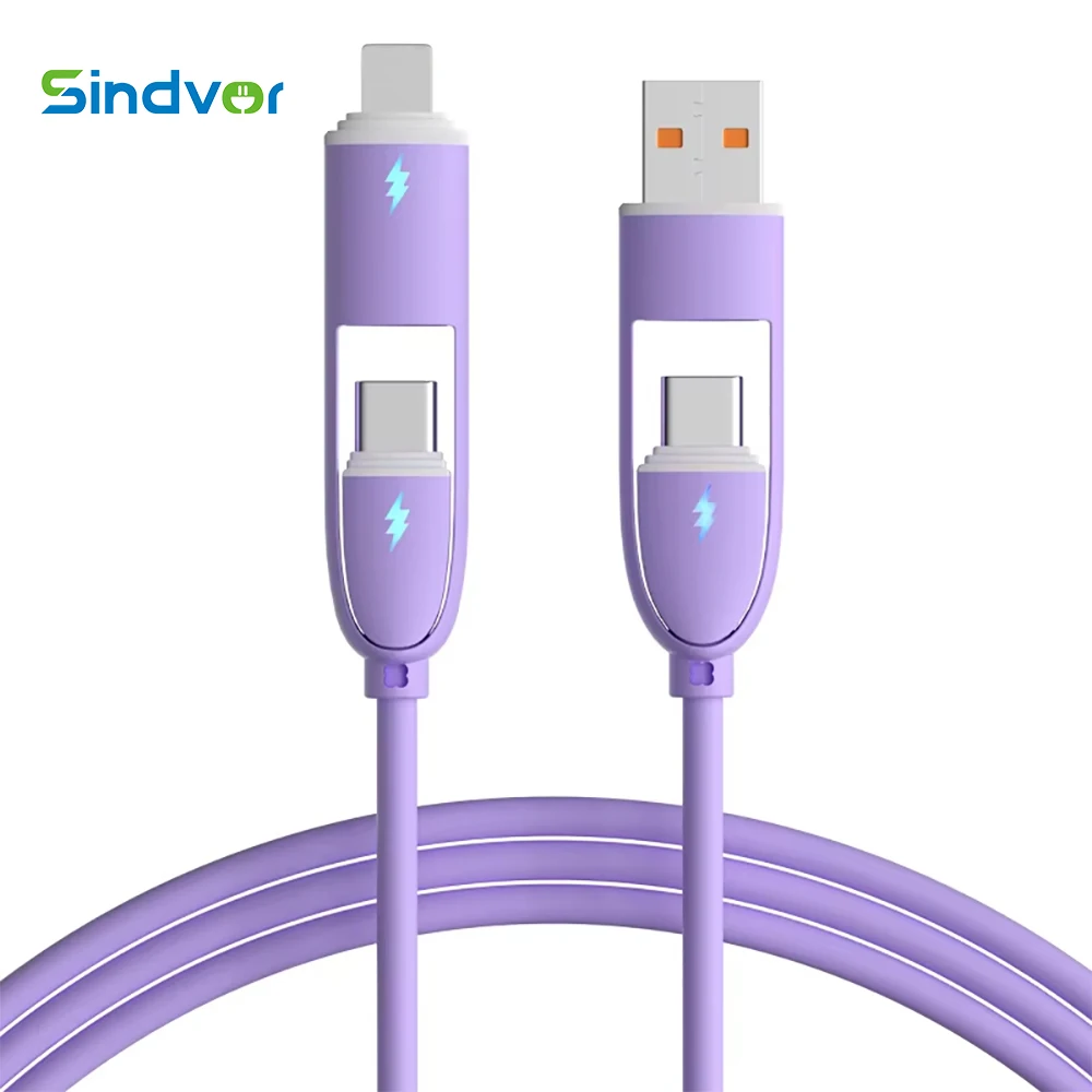 

USB-кабель для быстрой зарядки 4 в 1, 66 Вт, силикагель, кабель типа C для Samsung iPhone 14 13 12 Xiaomi Huawei, многопортовый, множественная зарядка