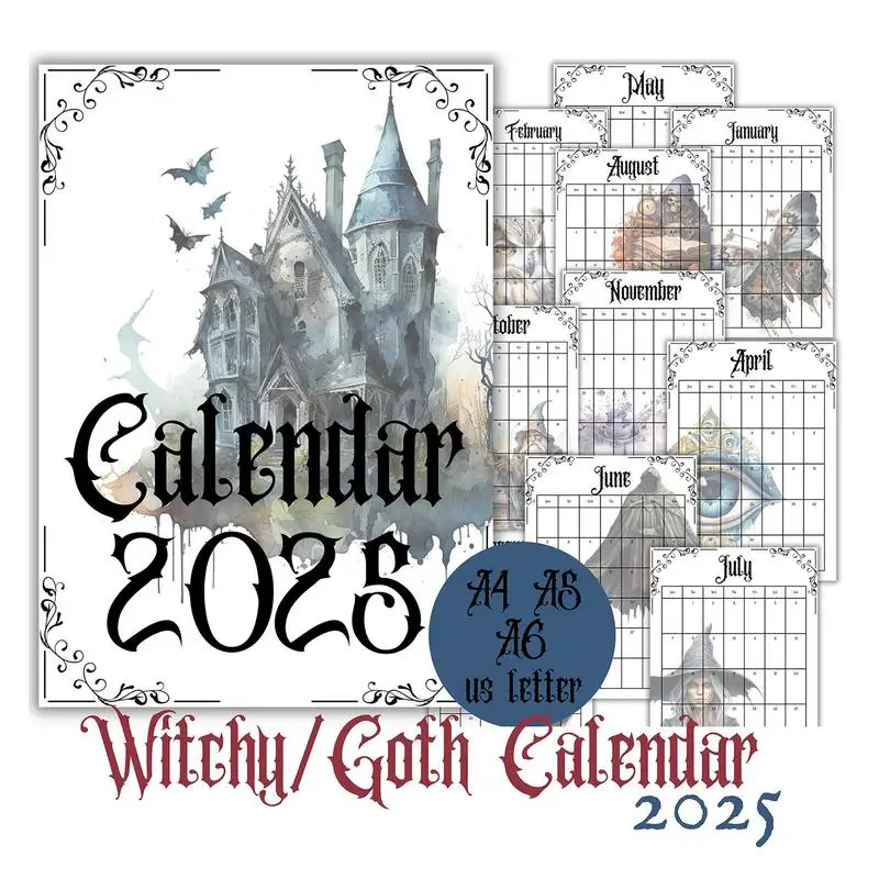 Gothic Wall Calendar, Secretária Mensal, Castelo Horror, Decorações do Dia das Bruxas, 11x9 polegadas, 2025