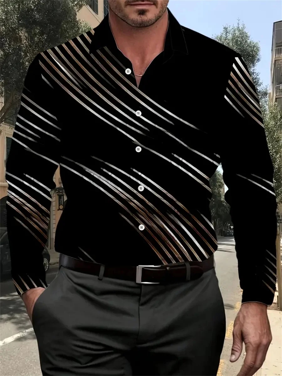 

New men's fashion diagonal striped print long-sleeved shirt Business casual style street trend men's slim-fit non-iron shirt