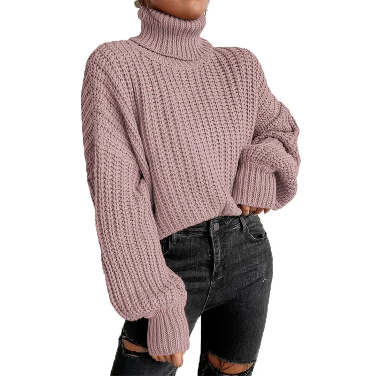 Autumn and winter foreign trade fashion shoulder long sleeved knitted loose fitting pullover high neck sweater for women