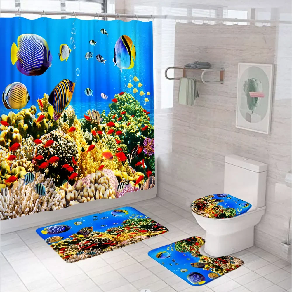 Tropical Fish Shower Curtain Set Blue Ocean Underwater Shark Turtle Octopus Bathroom Curtains Non-Slip Rug Bath Mat Toilet Cover