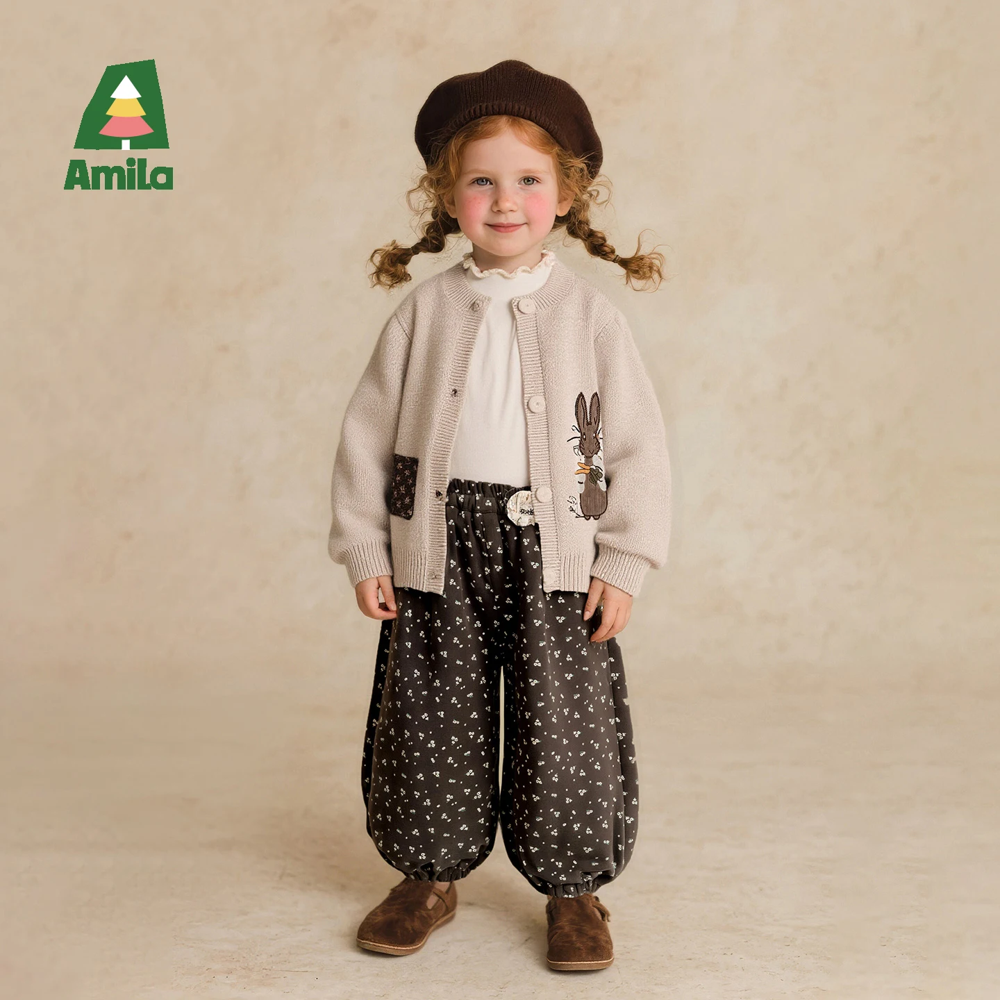 Amila Kids 2026 Winter Girls' Floral Casual Pants With Elastic Waist And Toe Tight, With Velvet Inner For Warmth