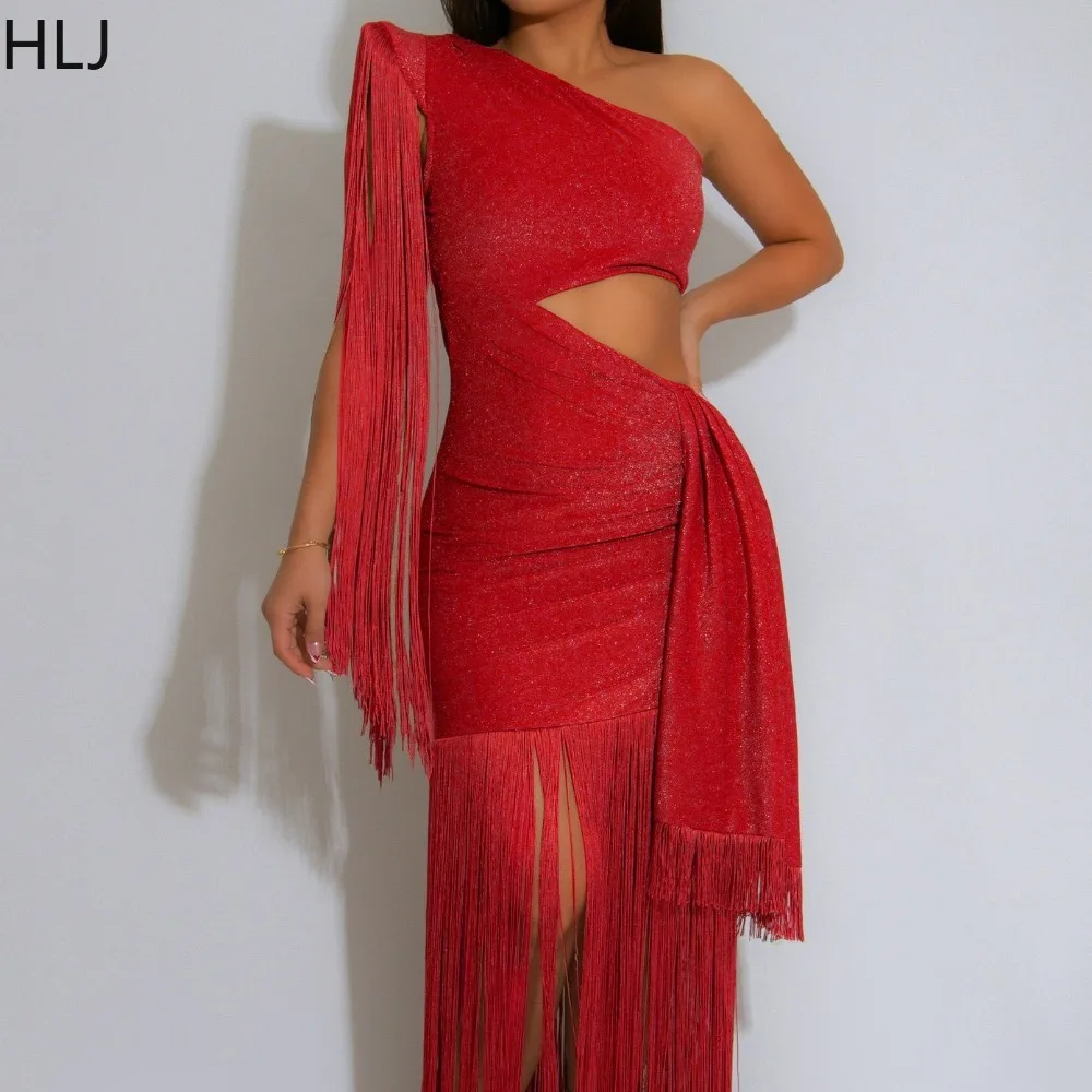 HLJ أنيقة شرابة المرقعة Bodycon فستان طويل بلوزات غير مغطية للكتف طويلة الأكمام الجوف خارج فستان الإناث ليلة حفلة Vestidos جديد