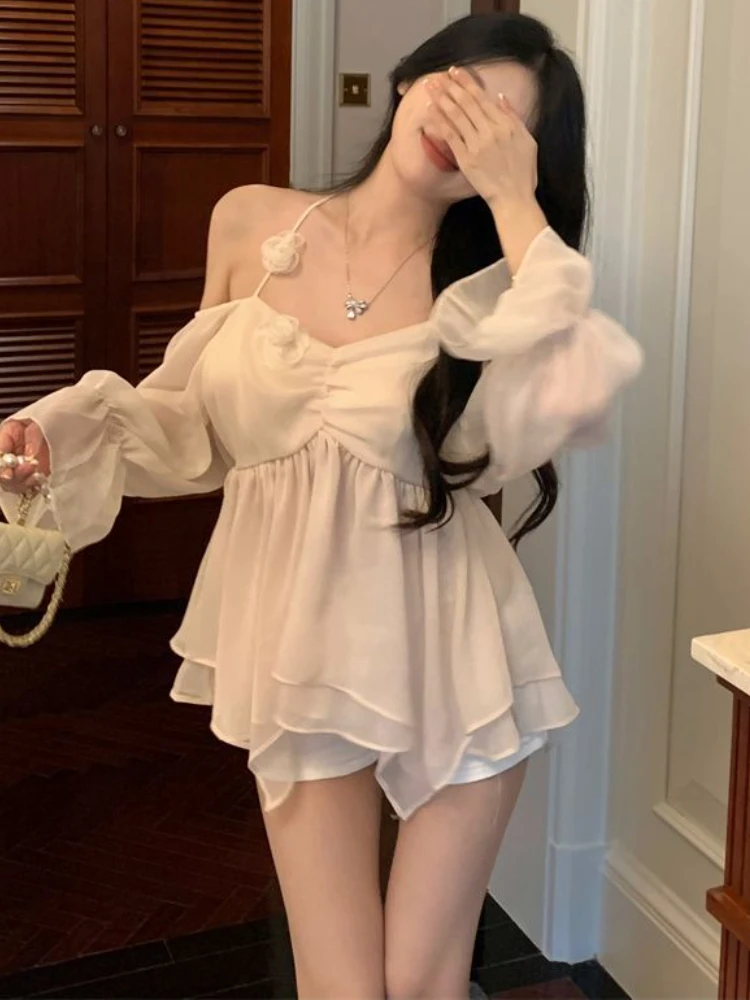 Tender Ruffles Blouses Women Vacation Sun-proof Sweet Chic Summer Pure Temperament Lady Fashion Korean Style Halter Off Shoulder