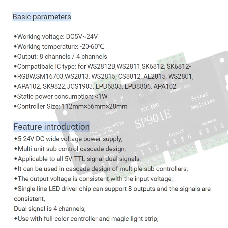 SP901E SPI Signal Amplifier for WS2811 WS2812B WS2813 Pixel RGB LED Strips Signal Repeater Addressable Dream Color Tape DC5-24V