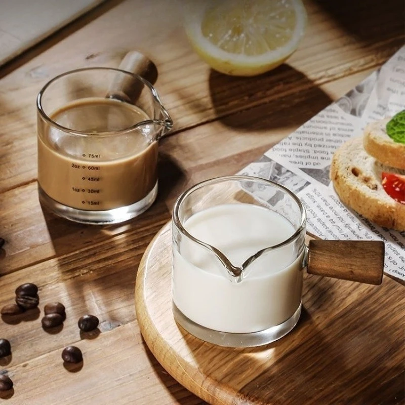 1pc  Glass Measuring Cup With Wood Handle Glass Espresso Measuring Cup Double Single Mouth Milk Coffee Clear Mug Coffee Supplies