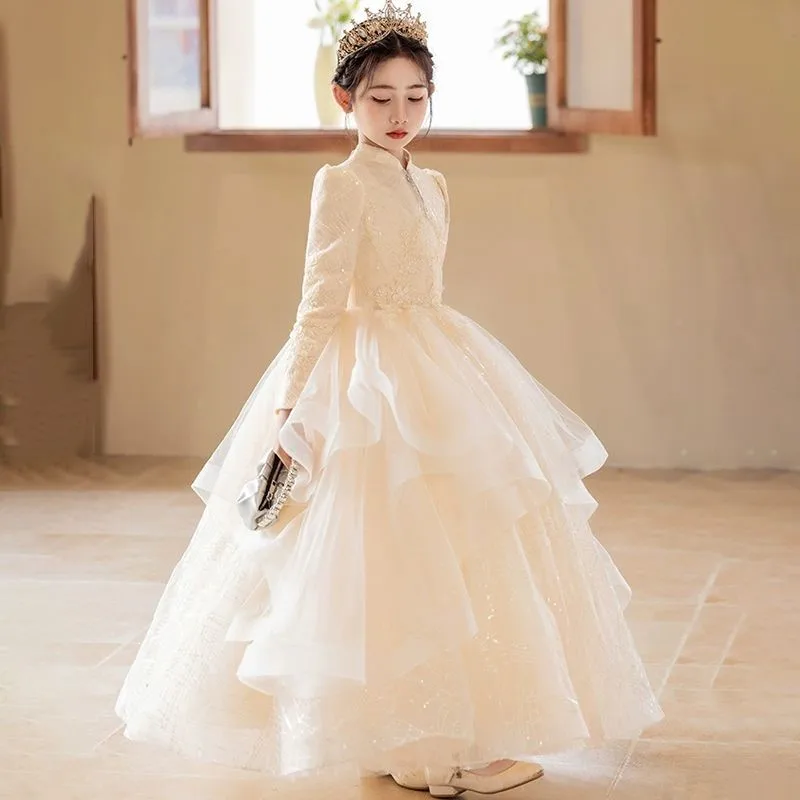 Girls' Autumn/Spring Piano Performance Costume Children's Light Luxury Long Sleeve Evening Dress Kids' Breathable Dress LI861