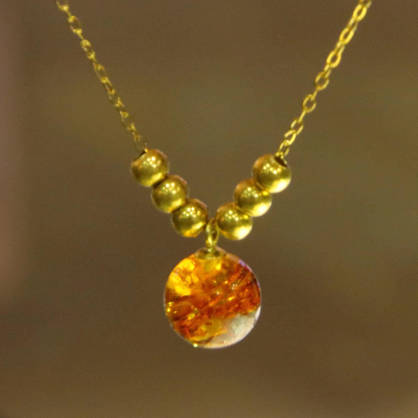 

Natural Flower Amber Necklace | 9mm Round Pendant with Golden Beads | Gold Plated Chain | Birthday Gift for Women