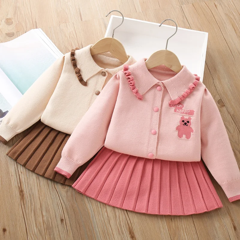 

Girls' Sweater Suit 2024 New Cute Baby Knitted Long-sleeved Cardigan Sweater + Skirt Two-piece Set Baby Girl Clothes