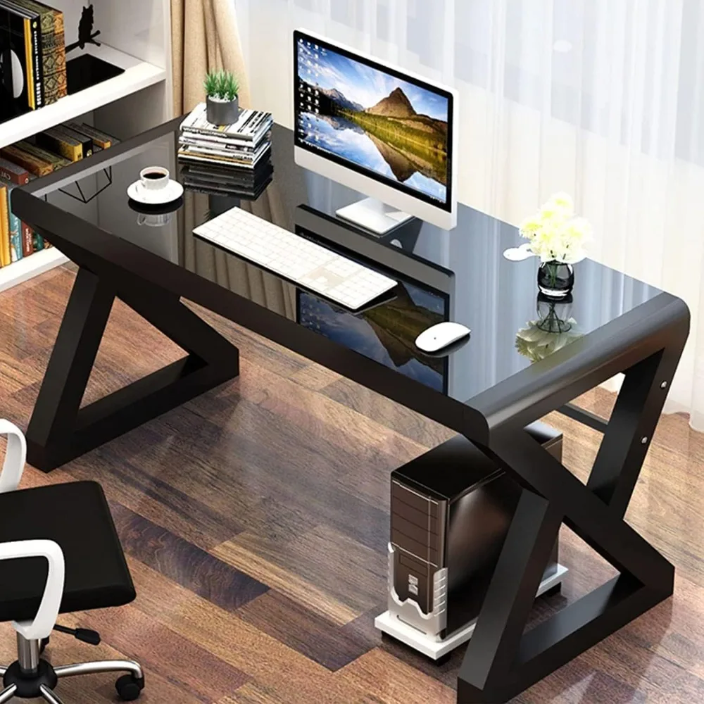 SAMERY Computer Desk Home Office Desks, 55.1 Inch Modern Simple Office Black Glass Desk Computer Table Study Gaming Writing