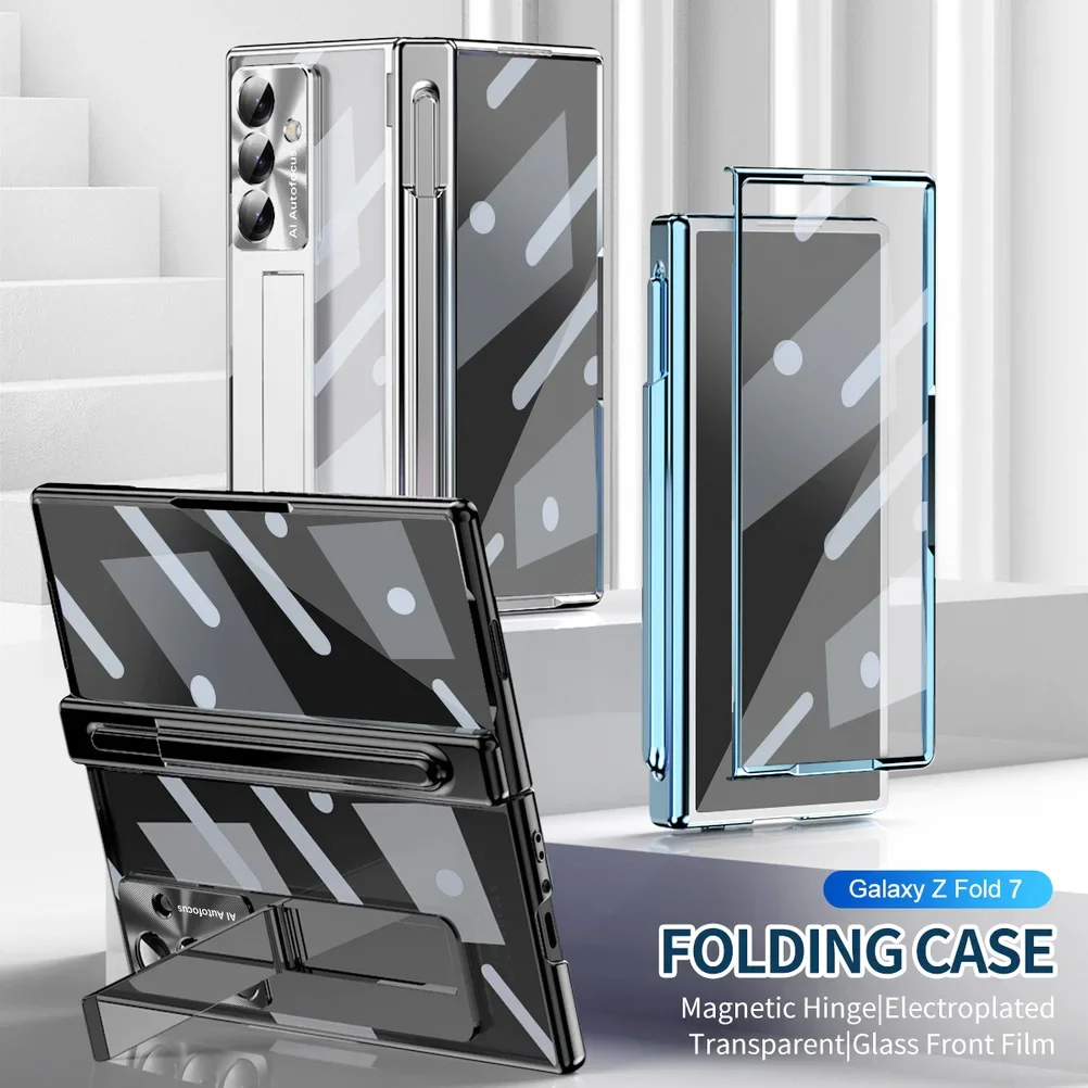 

Luxury Electroplated Magnetic Hinged Bracket Tempered Glass Protective Film Case For Samsung Galaxy Z Fold6 7 Lens Protect Cover