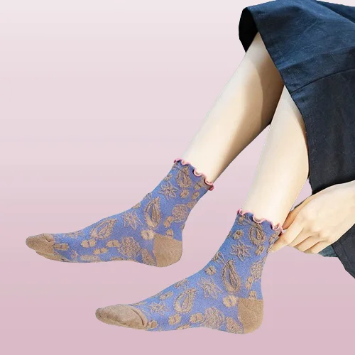 3/6 Pairs Cute Loose Mouth Retro Confinement Long Socks Women's Lace Middle Tube Wooden Ear Edge Spring And Autumn Pile Socks