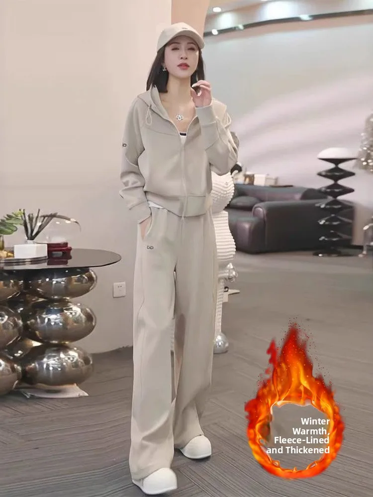 

Модный свободный женский спортивный костюм: комплект из двух предметов с брюками с высокой талией и широкими штанинами, повседневный, зимняя коллекция, эффект похудения