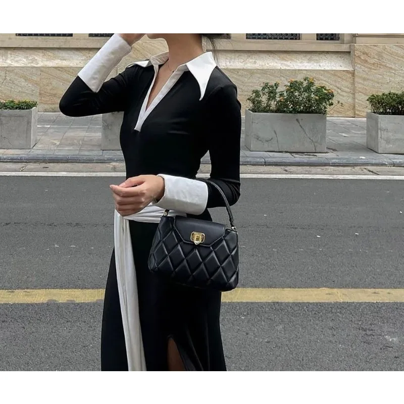 2025년 신상 부드럽고 우아한 여성용 배색 스트랩 V넥 슬릿 긴팔 드레스