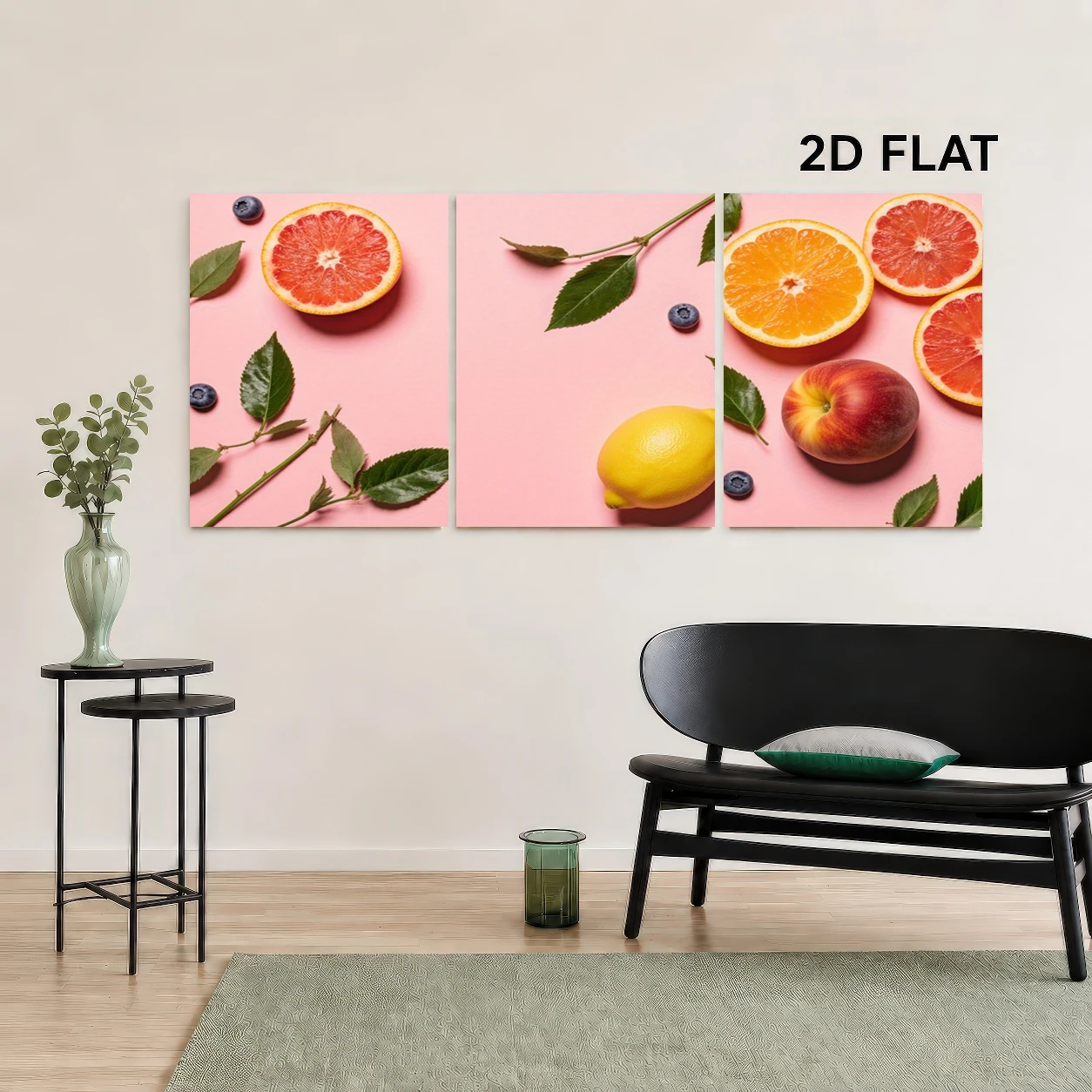 2D Flat, 3pcs Modern Botanical Fruit Wall Art Prints - Pink Grapefruit, Orange, Lemon & Blueberry Suitable for Kitchen, Dinin
