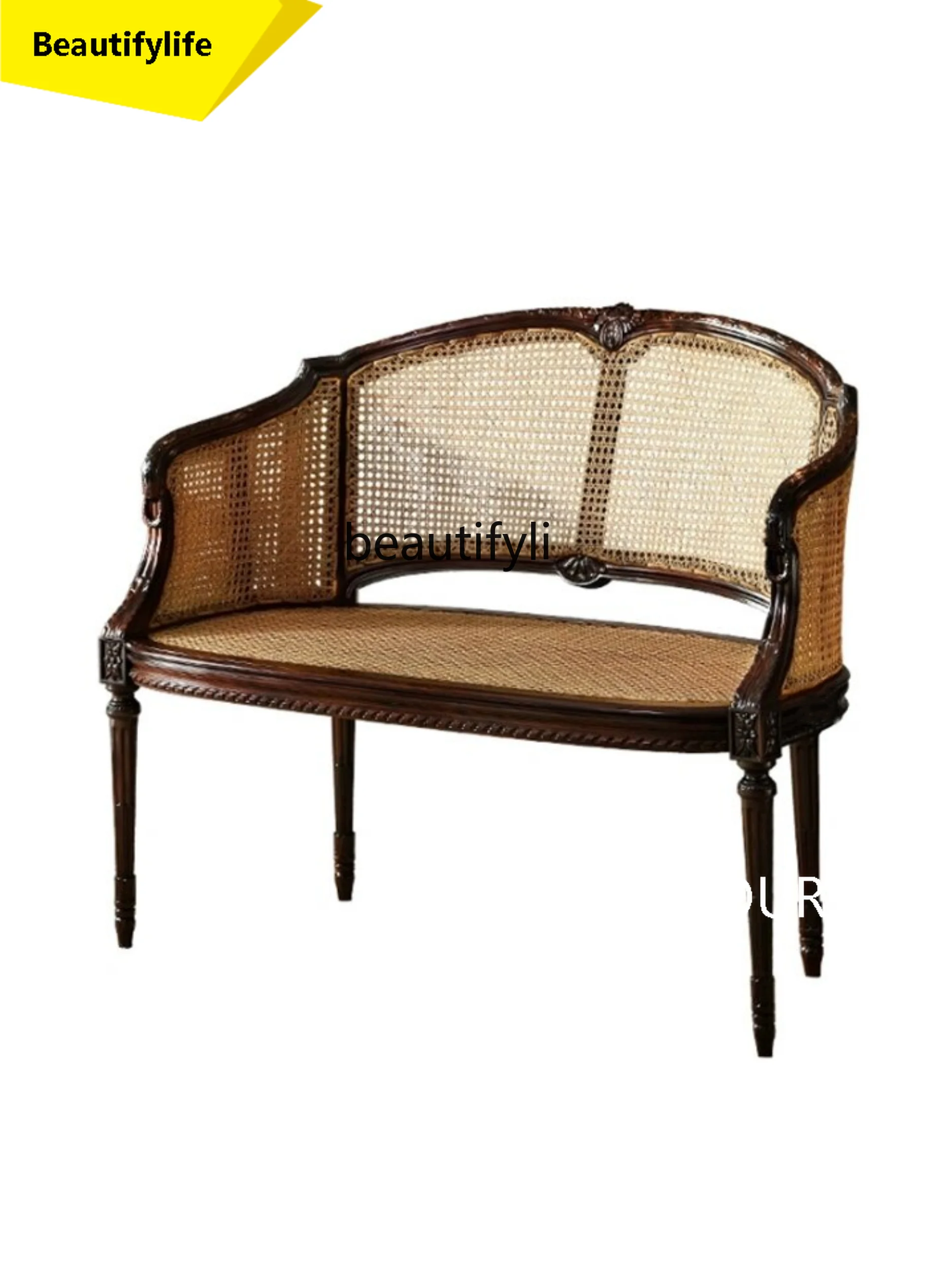 

X188 Solid Wood Natural Rattan Double Sofa Balcony Living Room Small Apartment Vintage Engraving Leisure Chair Hotel