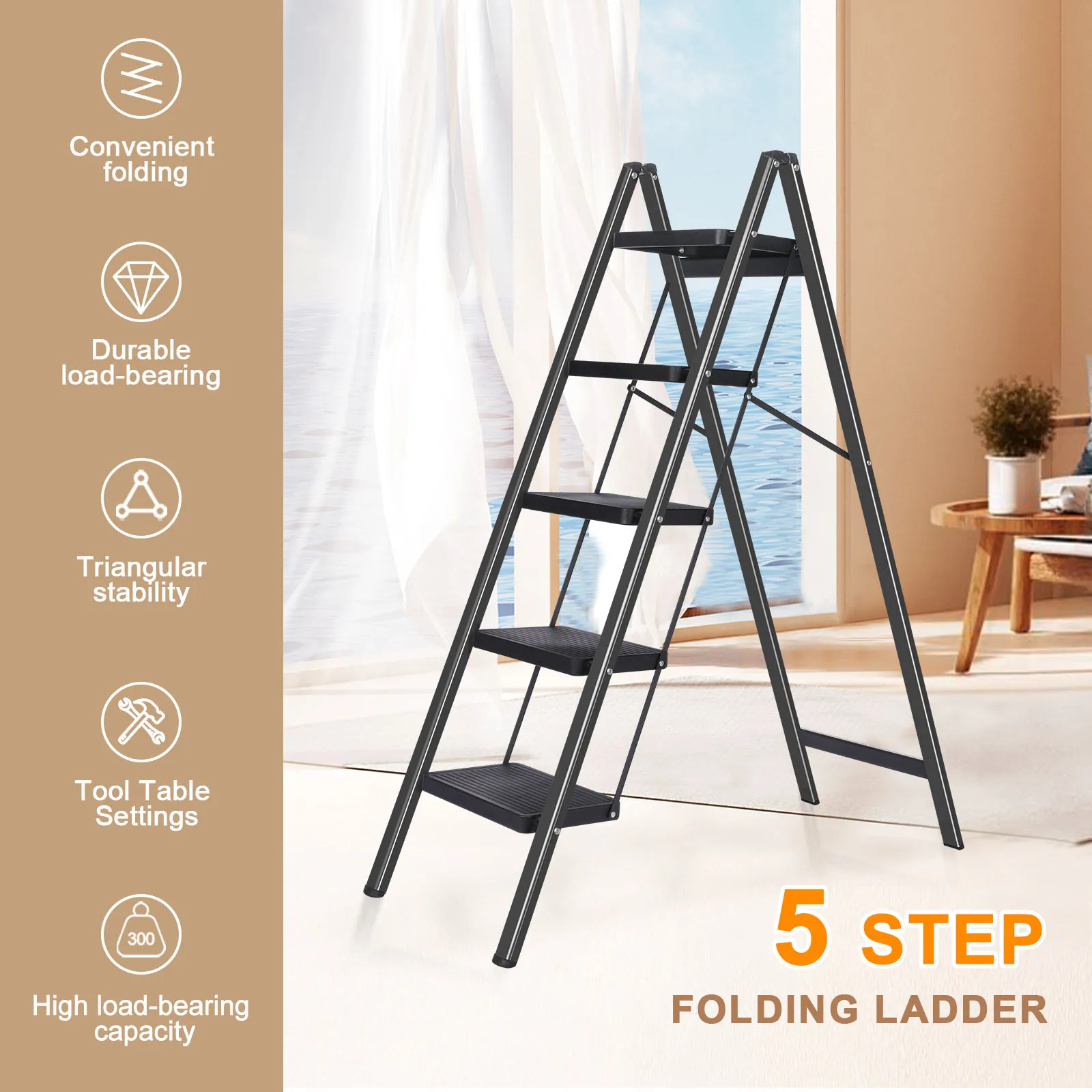 5 Step Ladder, Lightweight Foldable Ladder with Non-Slip Wide Pedals, Stepladder with Safe Handrail, Space Saving for Home