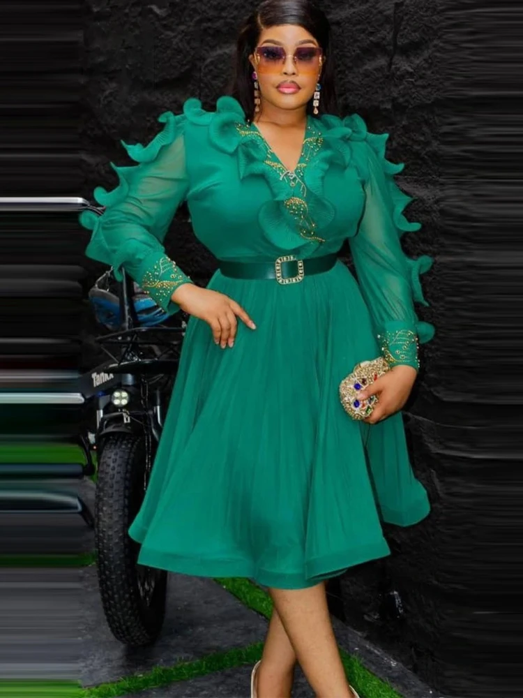 

Party Prom Dresses For Women 2025 Africa Clothing Ruffle Long Sleeve V-neck Maxi Robes Elegant Office Ladies Dress Dubai Kaftans