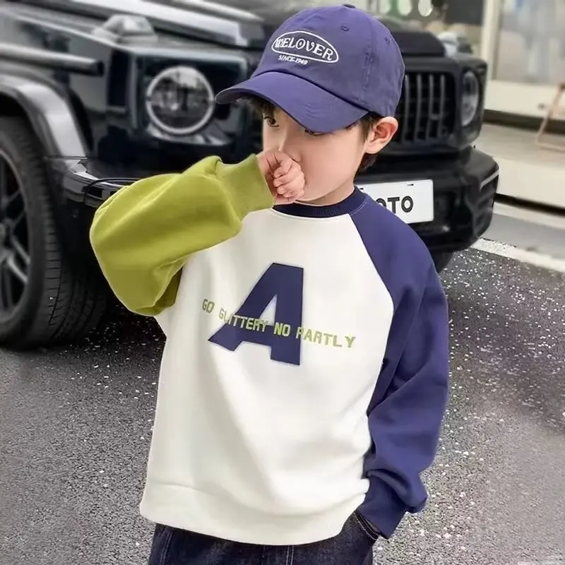 

2024 Autumn New Boys' Sweatshirts Hoodie 5 6 7 8 9 10 Kids Fashionable O Neck Long Sleeved T-shirt Loose Top