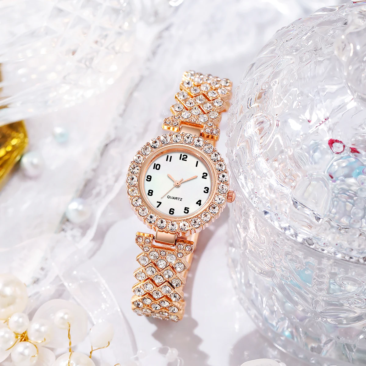 6PCS Women Watches Fashion Rhinestone Arabic Dial Steel Band Quartz Watch Diamond Jewelry Set(Without Box)