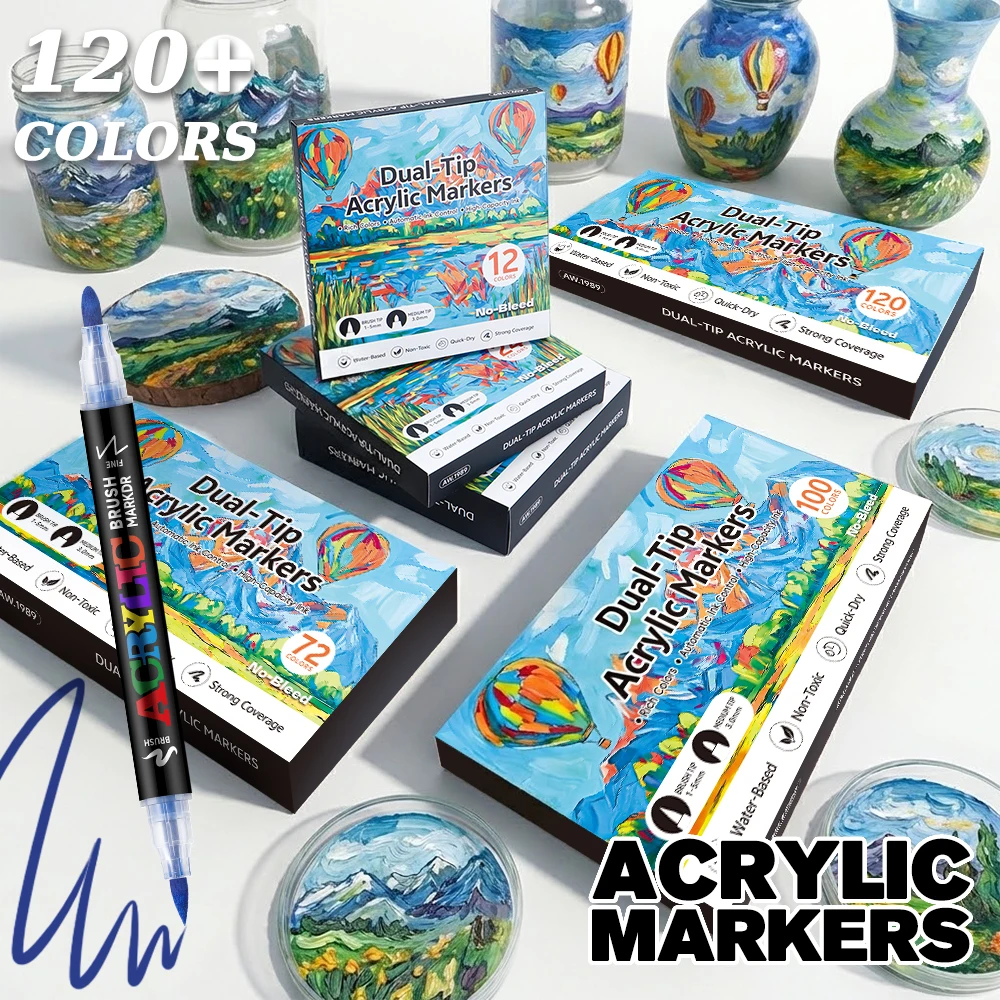 

Dual-Tip Acrylic Marker Set, Available in 12/24/36/48/60/72/100/120 Colors, Soft Tip + Fine Tip, Dual Tip Design, Water-Based, Quick-Drying, Waterproof, Non-Smudging, Suitable for Various Materials (Ceramic / Metal / Glass / Fabric / Stone / Plastic), for