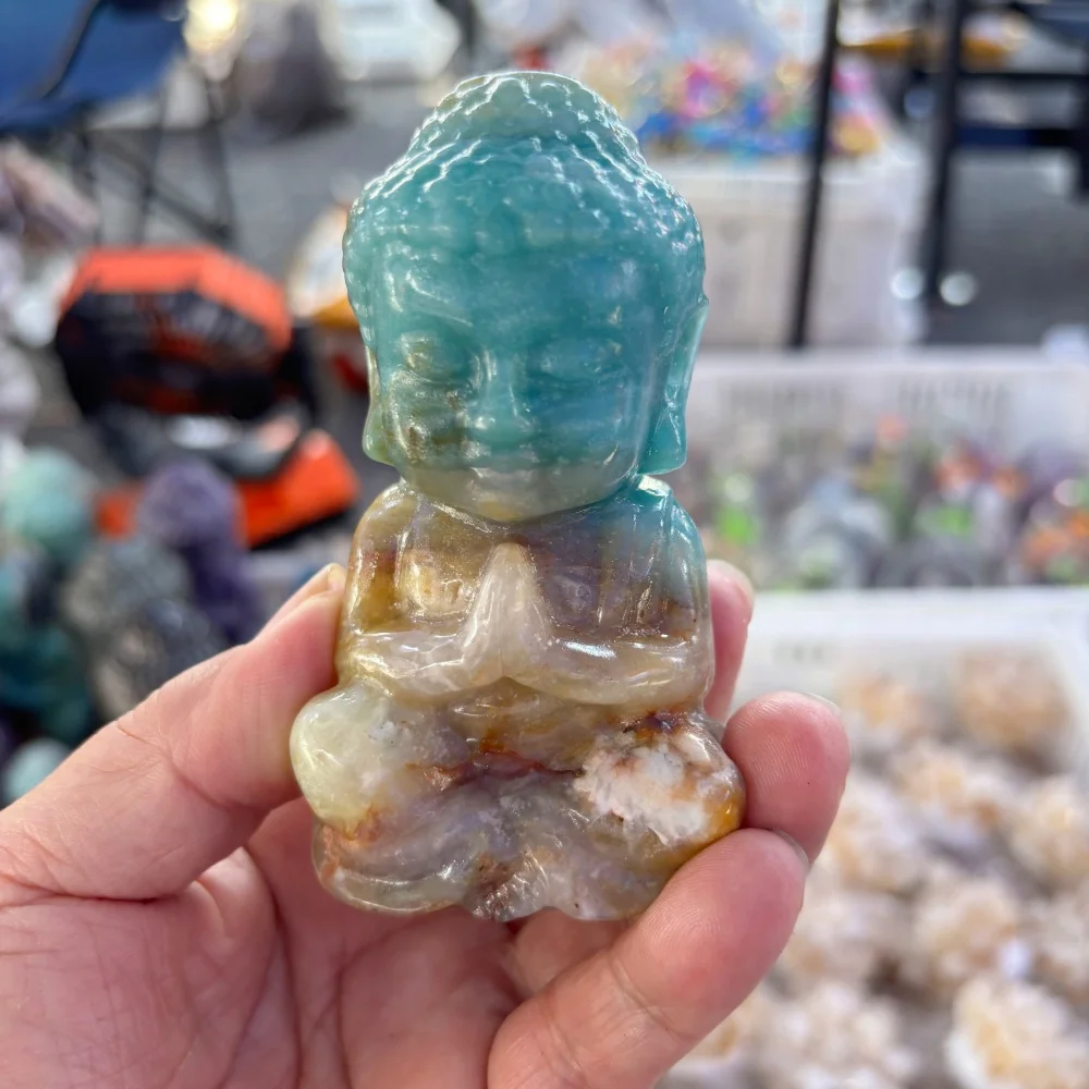 12cm Natural Amazonite Baby Buddha Statue Crystal Little Buddha Figurine Reiki Healing Stone Home Meditation Altar Decor Gift