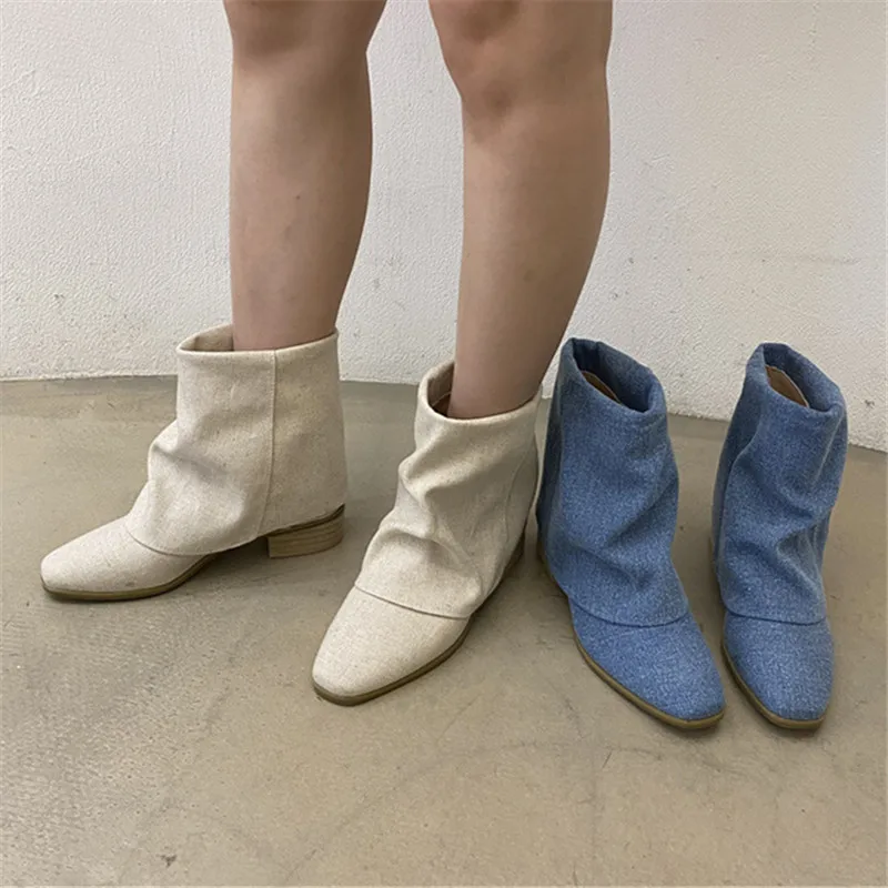 

2024 New Women Ankle Boots Cotton Fabric Slip-on Short Booties Fold Over Casual Botas Mujer Low Heel Shoes Woman