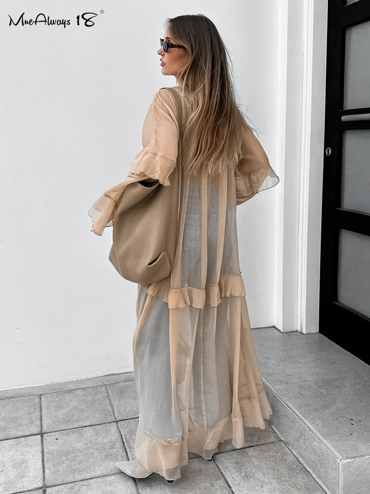 Mnealways18 Frill Batwing Sleeve Khaki Perspective Dresses Fashion 2024 Sexy V-Neck Lace-Up A-Line Dress Overlap Flowing Dress