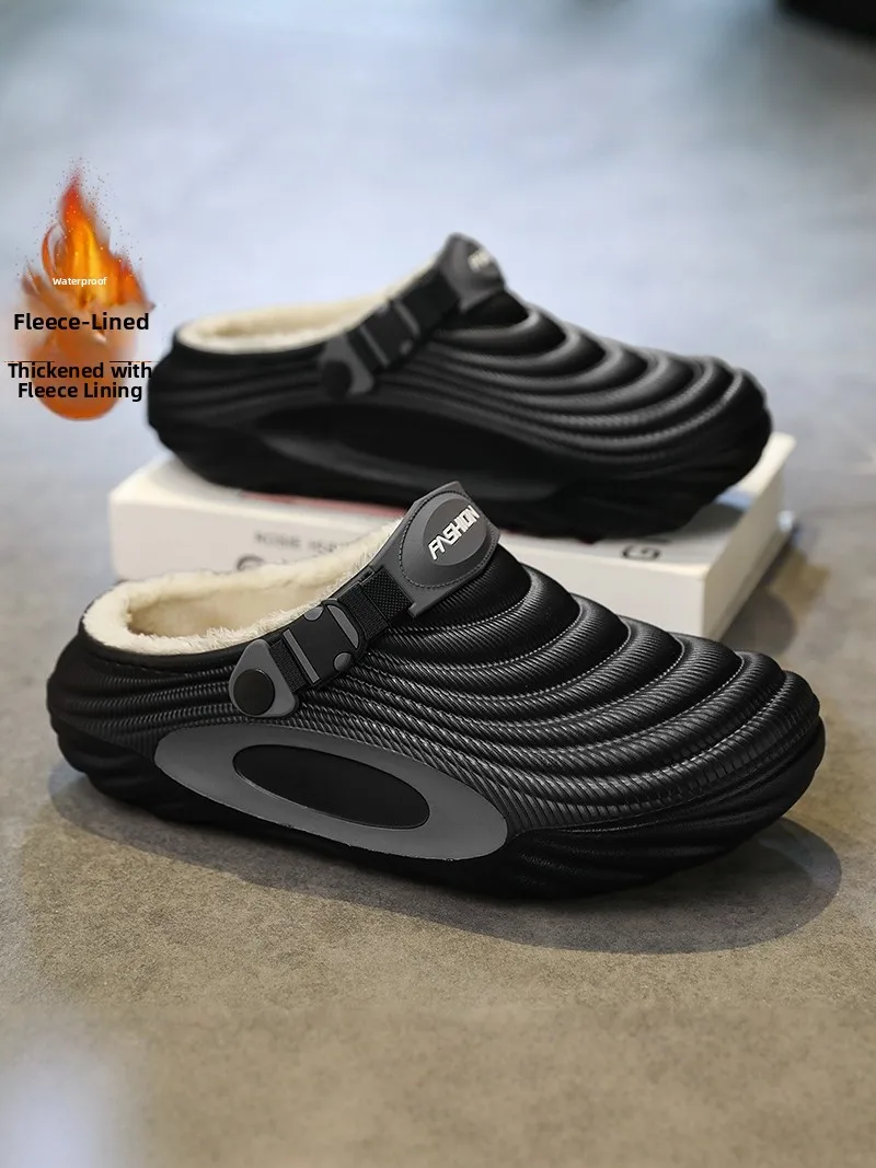

Men's Cotton Slippers Winter Thick Bottom Anti-slip Fleece Warmth Home Wear Casual Slip-On Shoes Leather Upper Low Heel