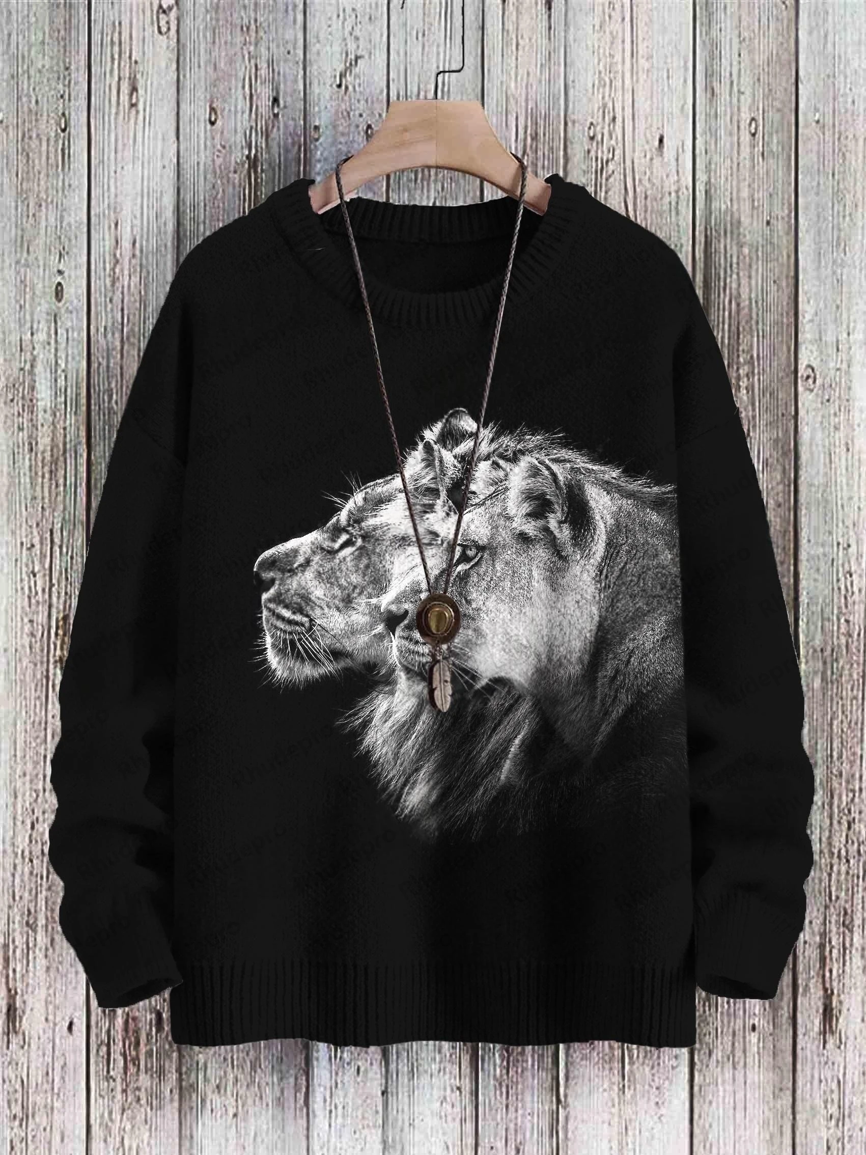 Colorful Lion Floral Tiger Art Pattern 3D Printed Men's Knitted Pullover Winter Unisex Casual Knit Pullover Sweater