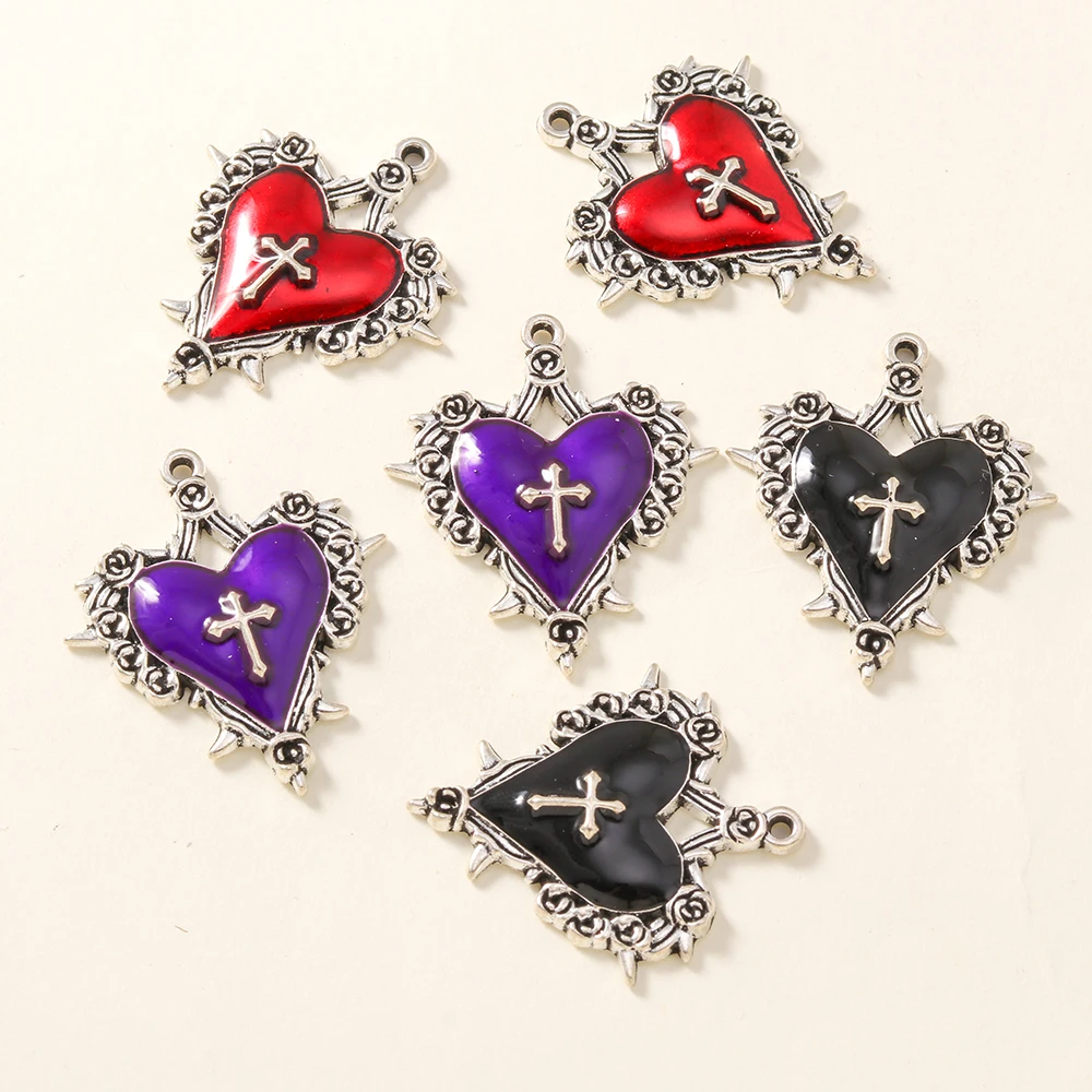 10pcs 30*34mm Charms Enamel Steampunk Gothic Cross Heart Charms Pendants for Necklaces Earrings DIY Handmade Jewelry Accessories