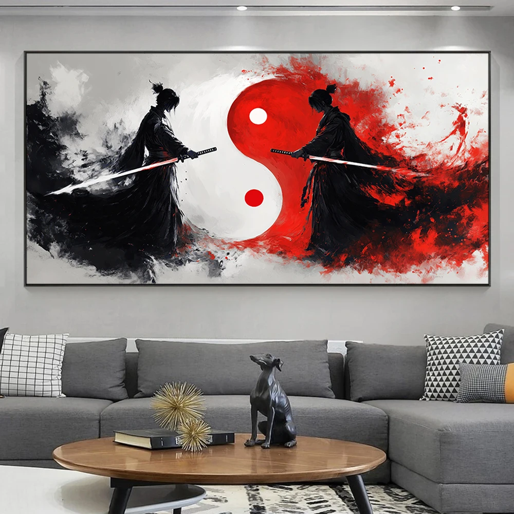Yin and Yang Samurai Duel Canvas Painting Japanese Style Posters Prints Wall Art Pictures for Bedroom Living Room Home Decor