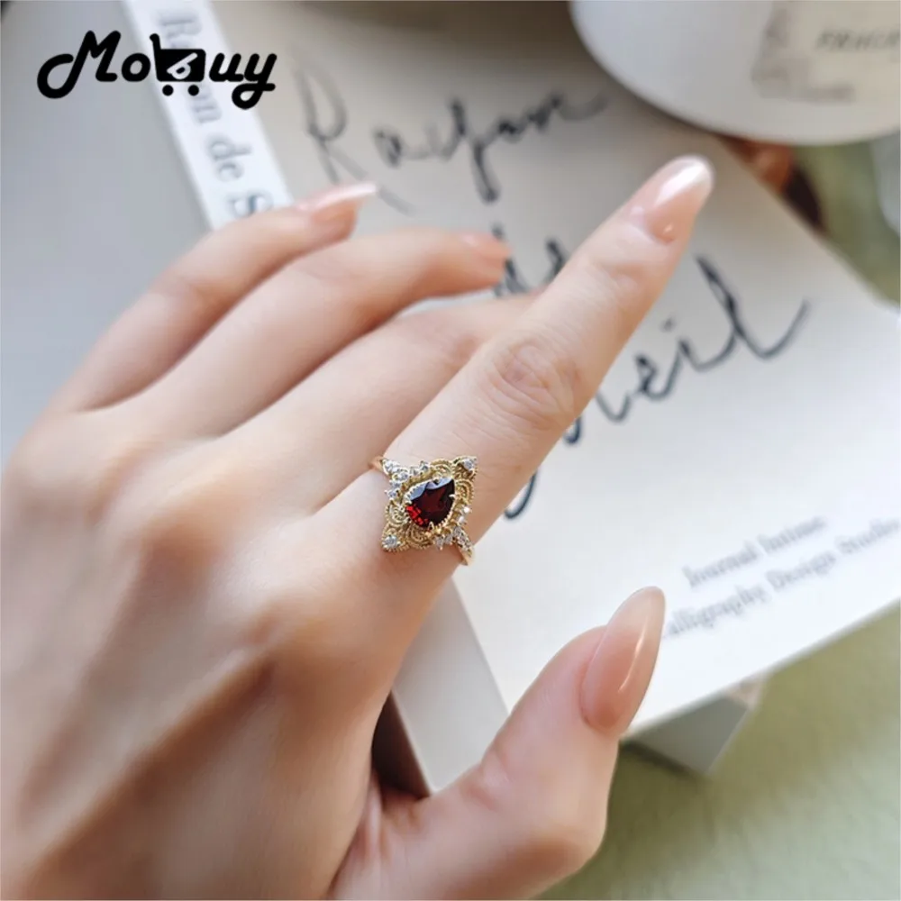

MoBuy Garnet Rings For Women Luxury S925 Sterling Silver Natural Gemstone Retro Court Style Fine Jewelry Valentines Day Gift