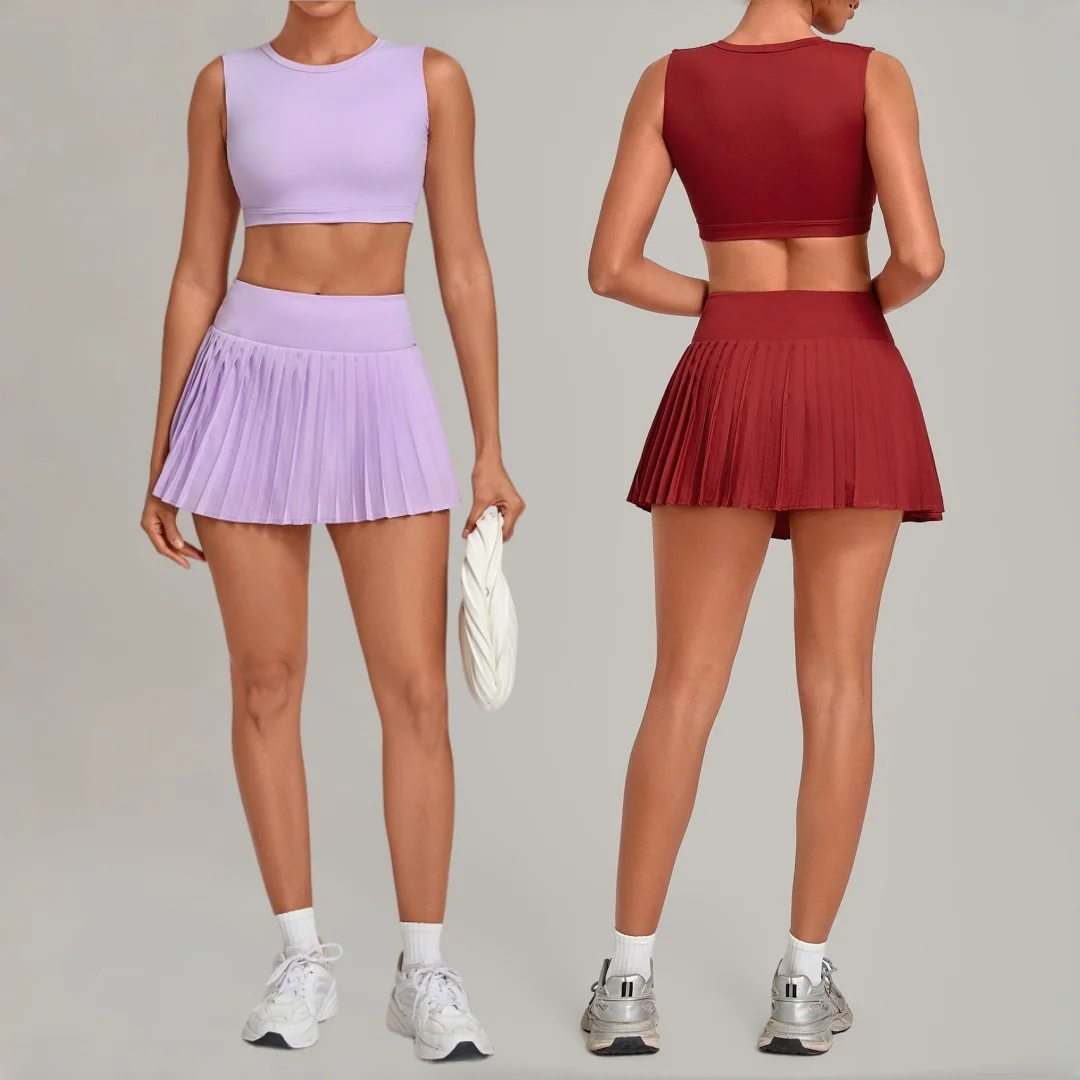 Women's Sports Vest Tennis Skirt Set High Waist Breathable Built in Safety Shorts Golf Badminton Running Workout GYm Yoga Set
