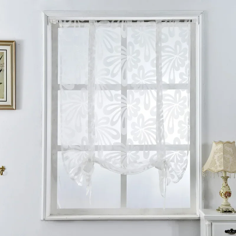 Kitchen short curtains jacquard roman blinds floral white sheer panel blue tulle window treatment  door curtains home decor