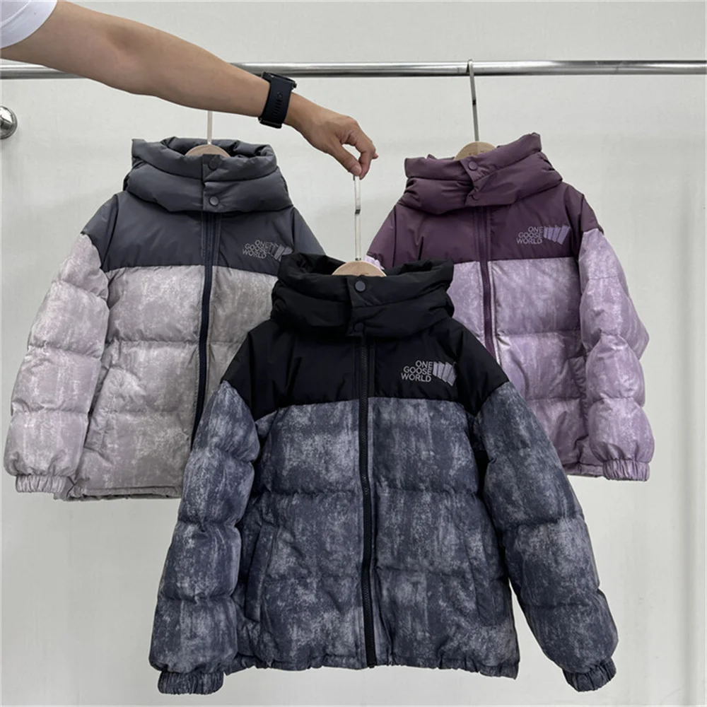 2024 Winter Children's Down Jacket Thickened Down Jacket for Boys And Girls Tie Dyeing Color blocked Hooded Down Jacket 24285