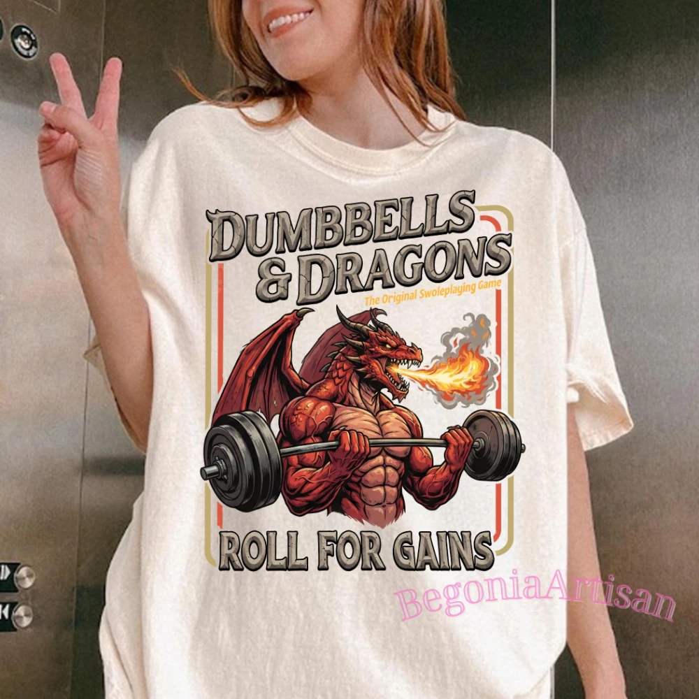 Dumbbells and Dragons Roll for Gains Shirt DnD Gym TShirt D&D Dragons Parody Tee Role Playing Game Workout Shirt