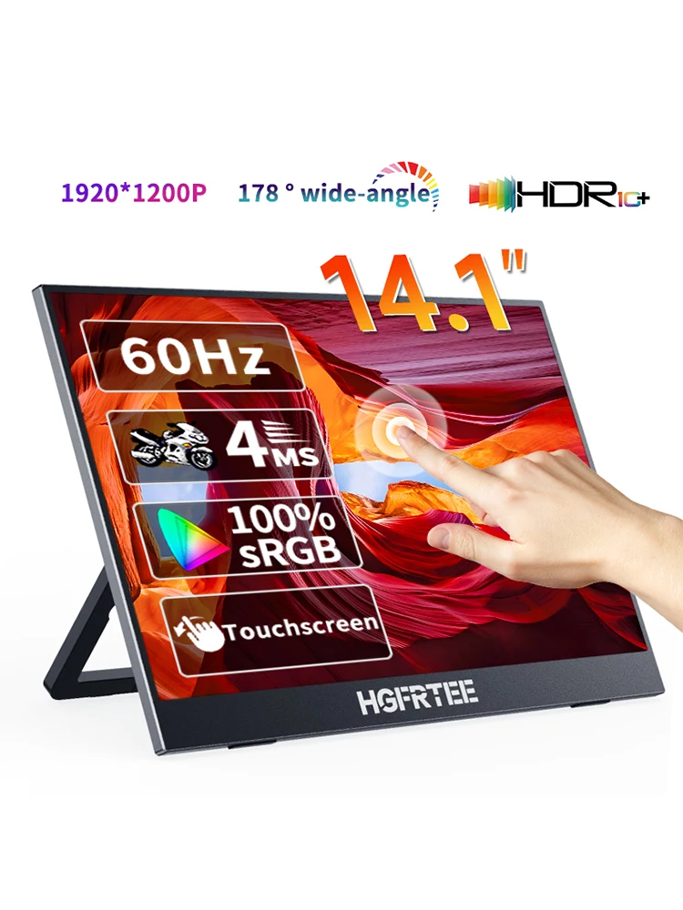 HGFRTEE Tragbarer Touch-Monitor 14,1 Zoll Ultradünner tragbarer Touch-Laptop-Monitor für Laptops, PC, Mobiltelefon, Xbox PS4/5