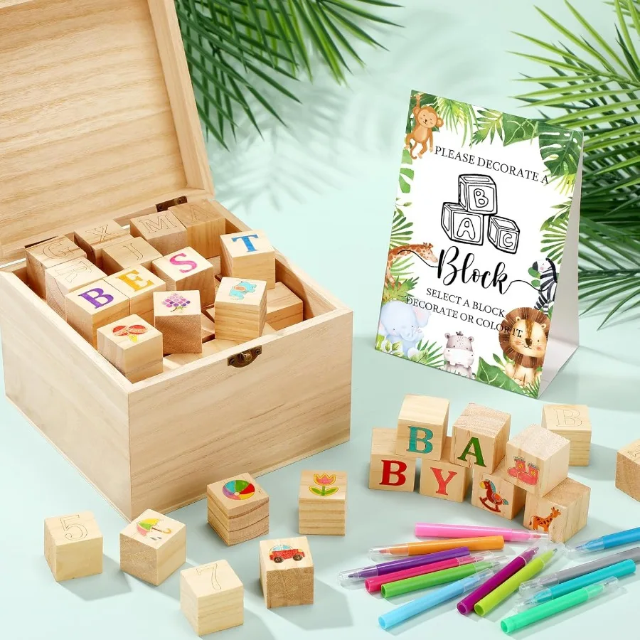 Marsui 136 pezzi di blocchi per baby shower per decorare il kit di gioco include 98 blocchi di legno 36 pennarelli 1 cartello di gioco 1 scatola di immagazzinaggio per bambino