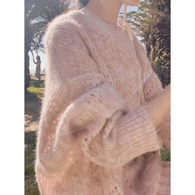 Jumper Women Pink Mohair Hollowed Out Pullover Spring and Autumn Outside Loose Lazy Wind Sweet Long-sleeved Knitwear