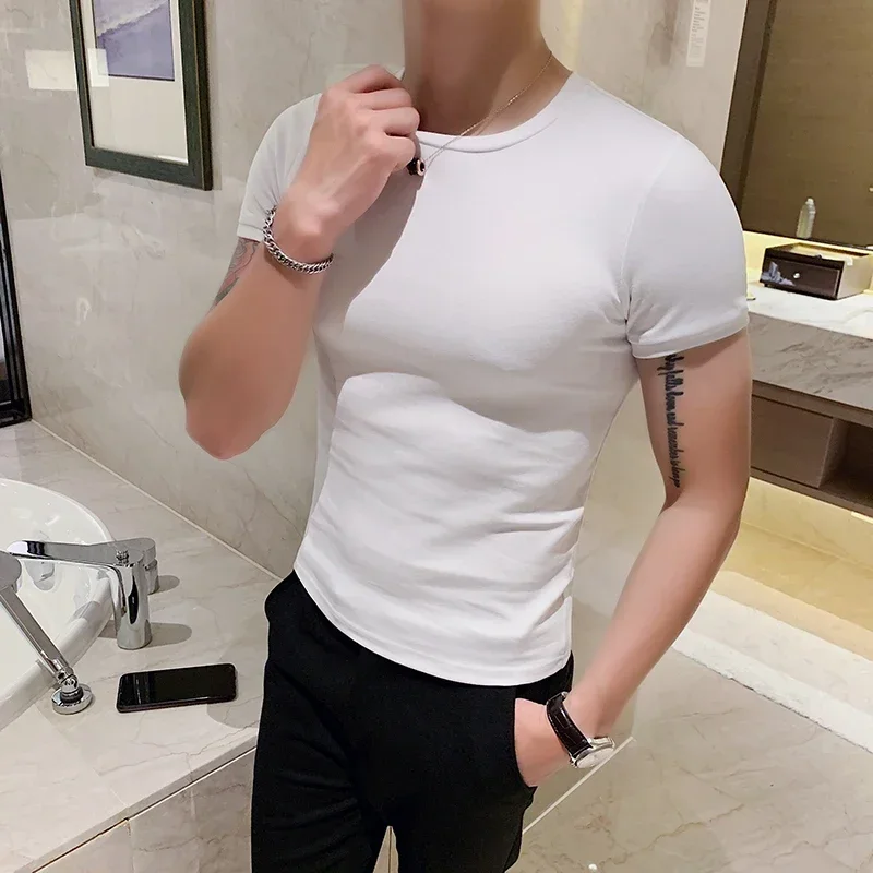 Plus Size 4XL-M Summer Round Neck Tops Men Thin Slim Fit T-shirt 2022 New Solid Color Short Sleeves Cotton Tee Shirt Homme