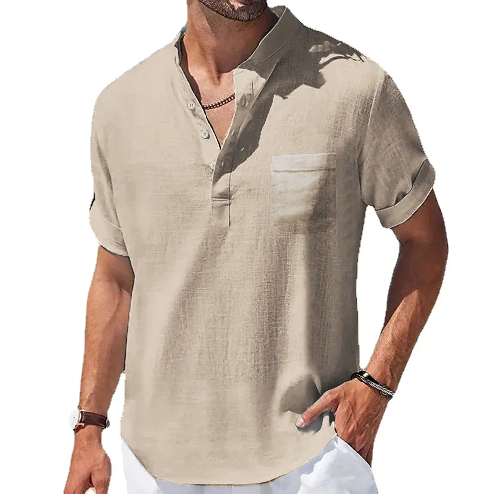 New Men's Casual Henley Collar Shirts Summer Solid Color Short Sleeve Cotton Linen Shirt Breathable Loose Beach T-Shirts