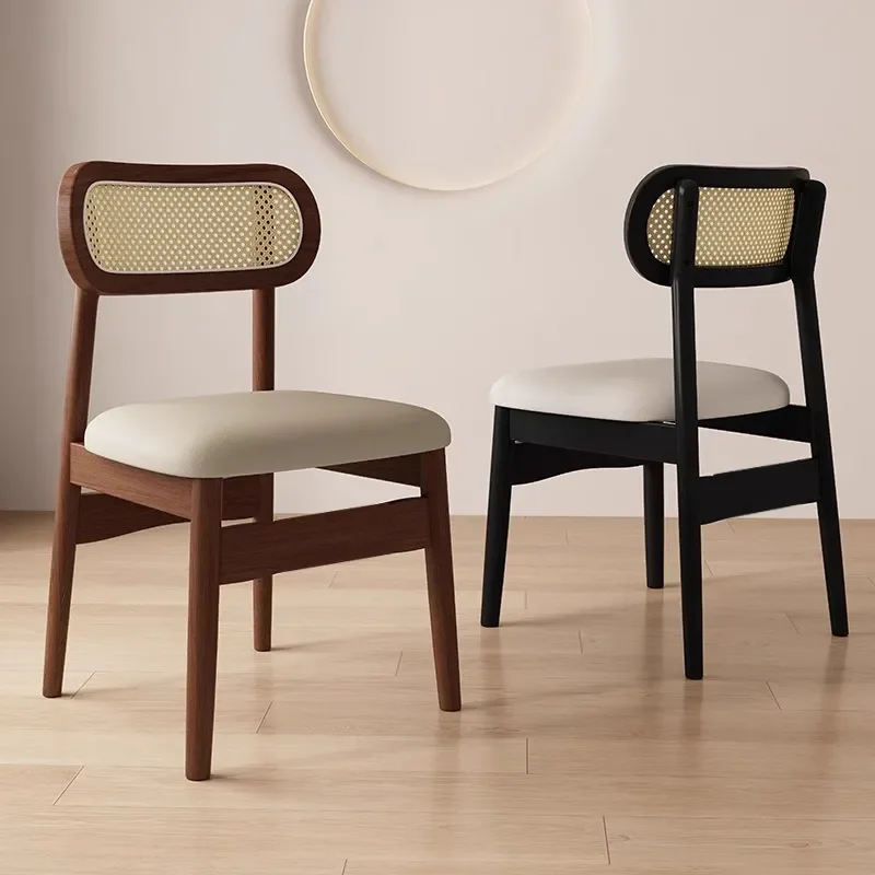 Retro Rattan Dining Chair Solid Wood Backrest Medieval Style Leisure Seat for Home Restaurant Decor Comfortable Wooden