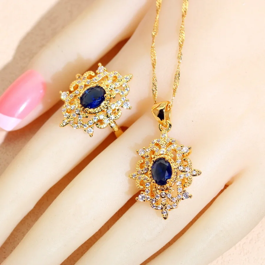 Fashion Blue Zirconia Wedding Jewelry Sets For Women Gold Plated Necklace Pendant Earrings Ring Bracelet Party Gift