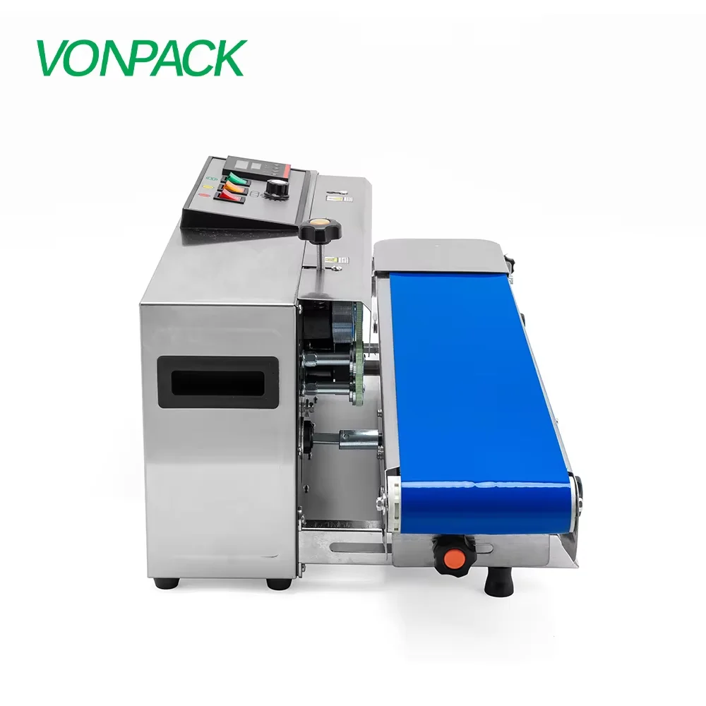 VONPACK FR-900 آلة ختم شريط الفولاذ المقاوم للصدأ المستمر مصنع أفقي فيلم بلاستيكي جهاز غلق أكياس الطعام مع توقف الطوارئ