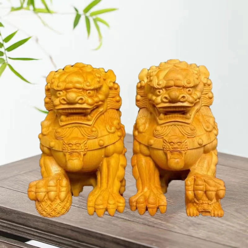 Solid Wood Carving Decorative Ornaments Of Forbidden City Lion ，Handmade，Home Lucky Mascot， Chinese Characteristic Animal Statue