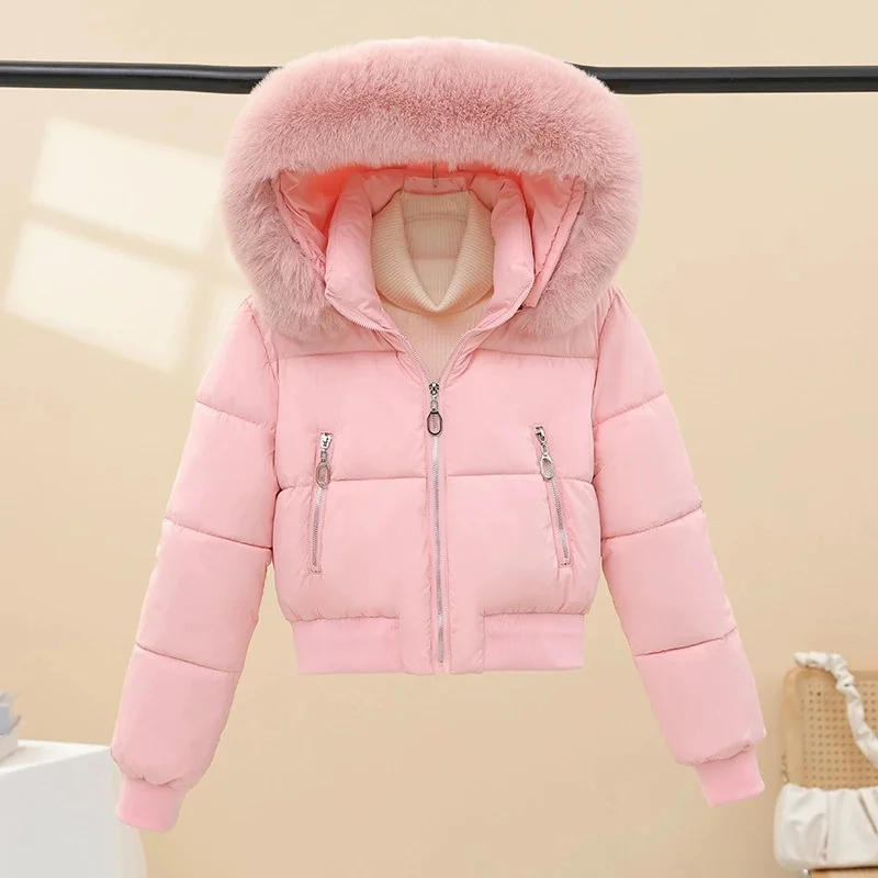 2026 Super-short Cotton-padded Jacket Women's Elastic-waist Winter Coats Fur Collar Hooded Parkas Streetwear Warm Slim Outerwear