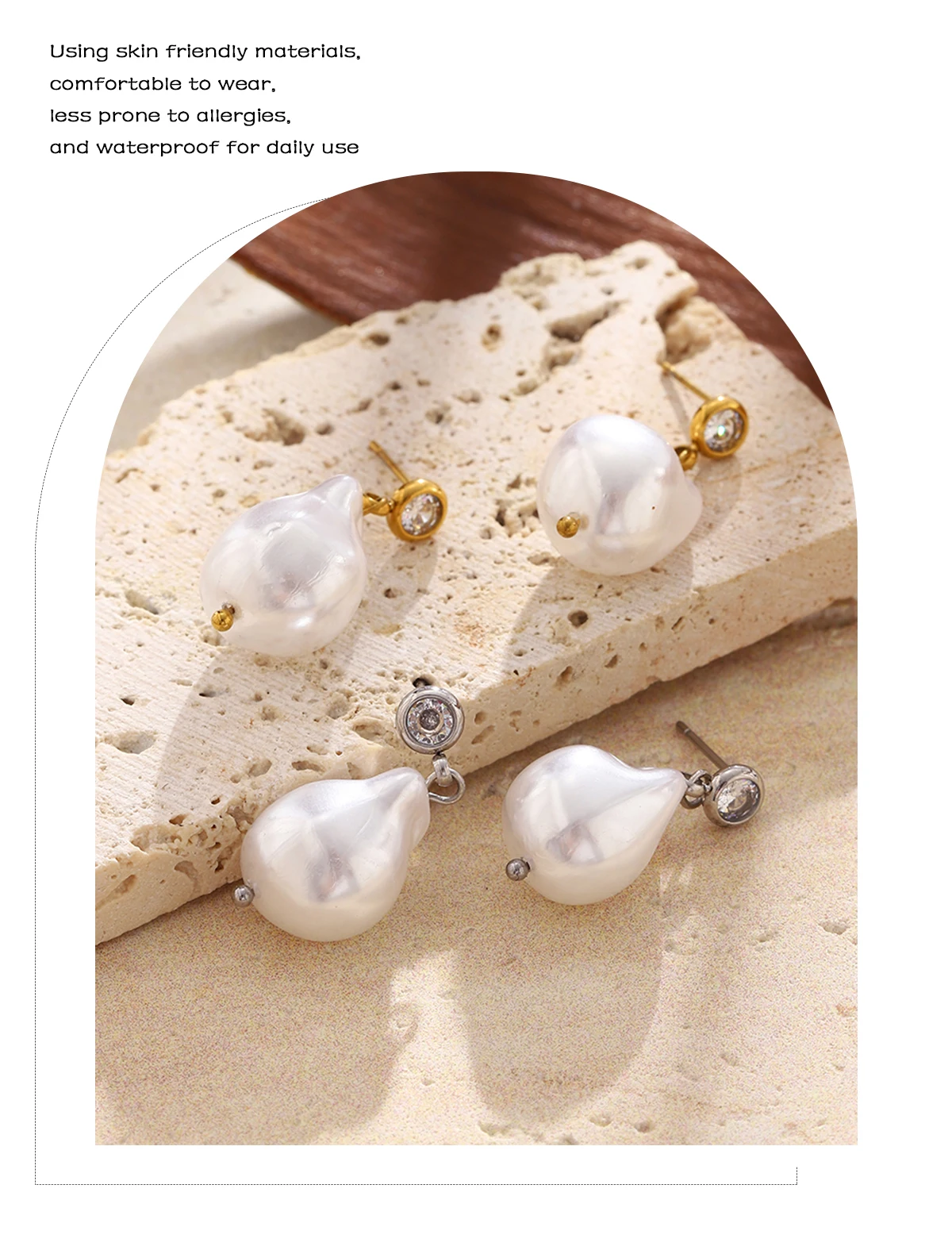E.B.belle Elegante unregelmäßige Perlen-Ohrstecker, 18 Karat vergoldete Edelstahl-Ohrringe für Damen, minimalistischer zarter Schmuck – Detail 5
